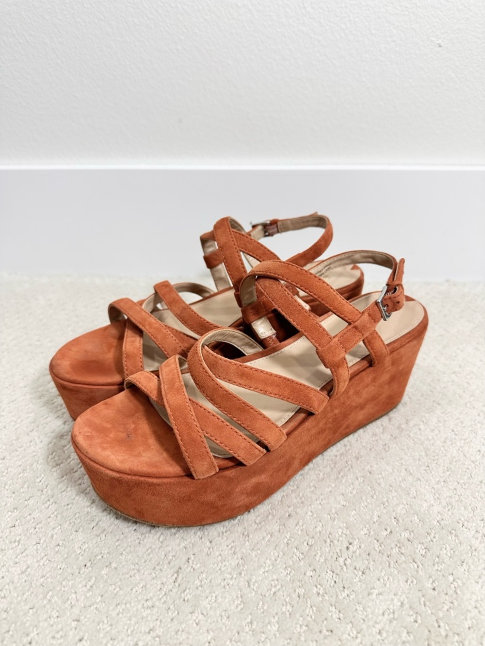 Via Spiga Strappy Burnt Orange Leather Chunky Platform Wedge Sandals 8M